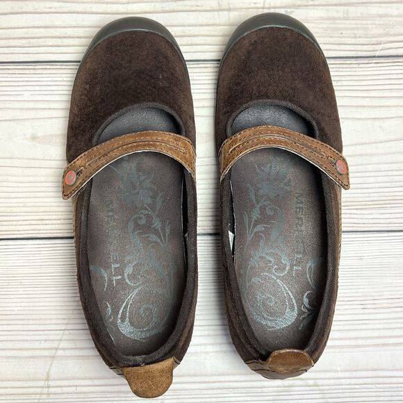 Merrell Plaza Bandeau Shoe Womens 6 Espresso Brown Suede Mary Jane Slip On Wedge - Picture 7 of 14